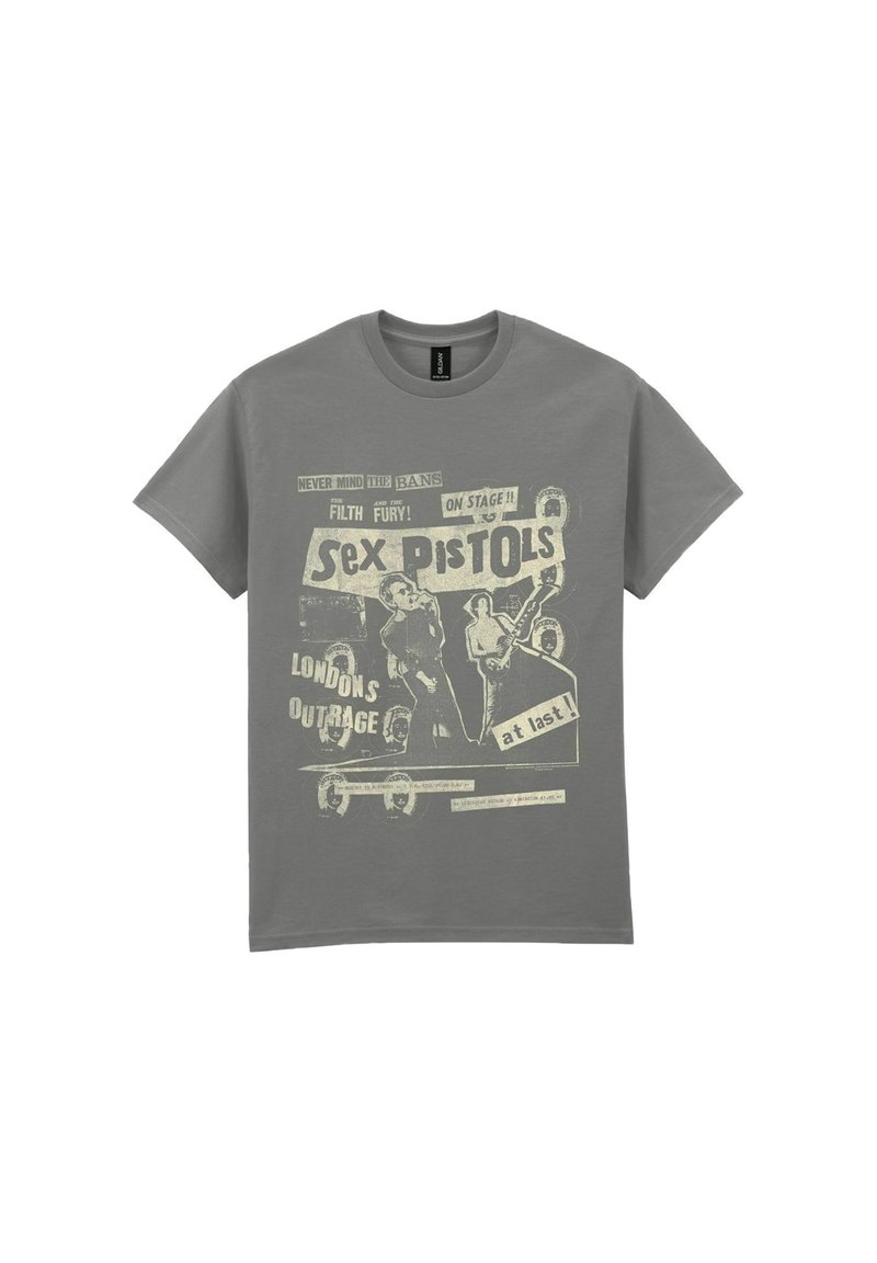 Grå bomulds t-shirt med et vintage-inspireret trykt design med tekst og grafik relateret til bandet Sex Pistols. Korte ærmer, rund hals.
