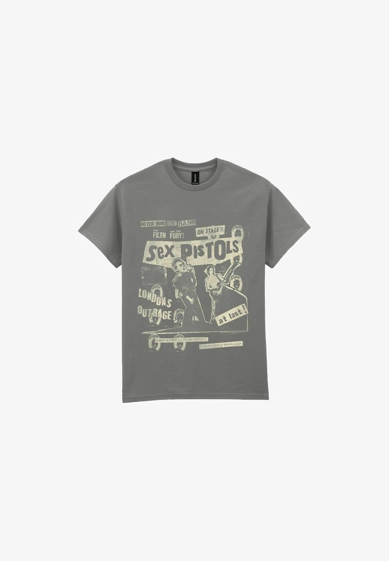 Grå bomulds t-shirt med et vintage-inspireret trykt design med tekst og grafik relateret til bandet Sex Pistols. Korte ærmer, rund hals.