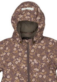 Veste à capuche à motif floral en violet et beige, avec fermeture éclair et doublure douce grise. Bande réfléchissante sur la capuche.
