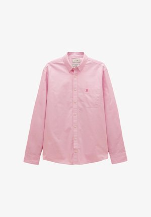 Rosa-weiß kariertes Hemd mit Knöpfen und einer Brusttasche, die ein kleines, rosa gesticktes Kaninchen-Logo zeigt.