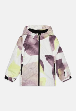 Casaco com capuz colorido, com uma base branca e padrões abstratos em roxo e amarelo, fecho frontal com zíper e punhos elásticos.