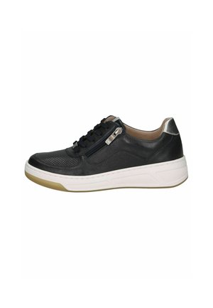 Black leather sneaker with textured upper, white rubber sole, and silver accents. Features laces and a zip detail on the side.