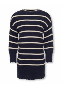 Maglione blu navy con righe orizzontali color crema, texture a coste, scollatura a girocollo e orlo ondulato. Maniche lunghe, leggermente affusolate.