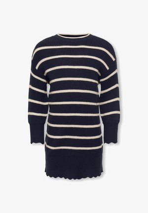 Mornarski pulover s horizontalnim kremastim prugama, rebrastom teksturom, okruglim izrezom i valovitim rubom. Dugi, malo suženi rukavi.