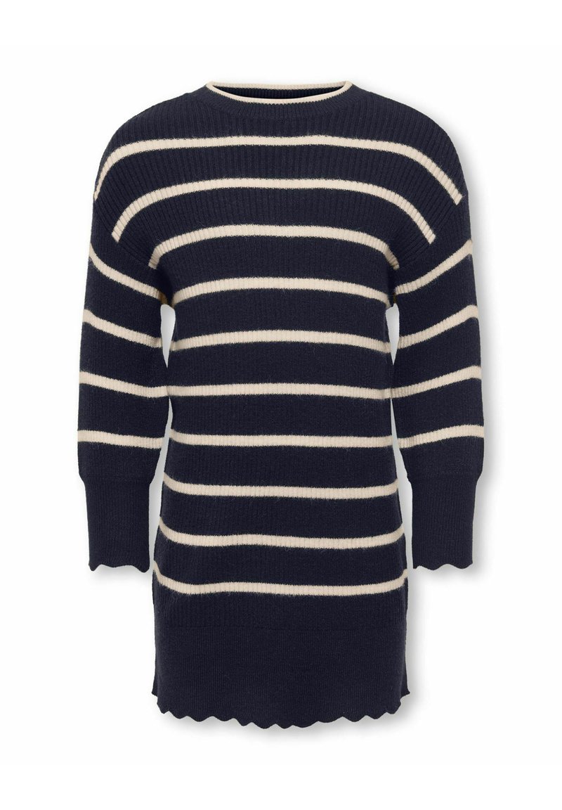 Maglione blu navy con righe orizzontali color crema, texture a coste, scollatura a girocollo e orlo ondulato. Maniche lunghe, leggermente affusolate.