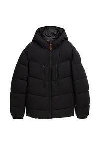 Musta toppatakki, jossa on huppu, vetoketjullinen suljenta ja kaksi etutaskua, joissa on vetoketjut. Kuvioitu kangas, jossa tikattu kuviointi ja joustavat hihansuut.