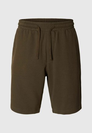 Short en tissu texturé vert olive foncé avec taille élastique et cordon, longueur genou, vue de face sur fond uni.