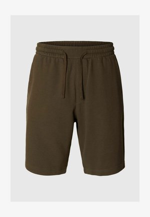 Short en tissu texturé vert olive foncé avec taille élastique et cordon, longueur genou, vue de face sur fond uni.