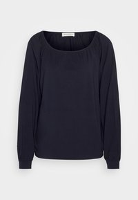 Dark navy long-sleeve top with a square neckline, gathered detailing at shoulders, and elastic cuffs. Made from soft, smooth fabric.