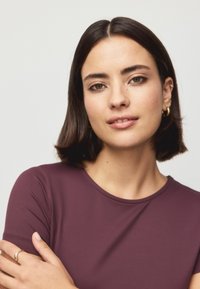 Pruun lühikeste varrukatega särk, ümar kaelusega, sileda tekstuuriga ja keha järgiva lõikega. Mudelil on keskmise pikkusega pruunid juuksed ja kuldsed rõngakujulised kõrvarõngad.