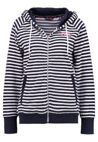 Marineblauwe en witte gestreepte hoodie met rits, een capuchon met trekkoord, twee zakken aan de voorkant en geribde manchetten. Zachte stof met een gestructureerde afwerking.