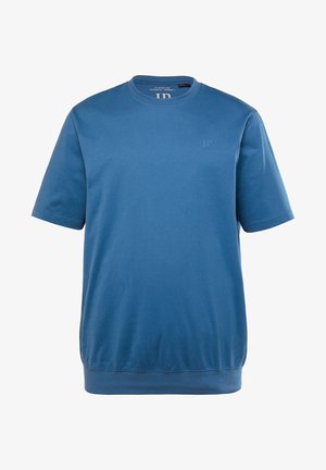 Blaues Baumwoll-T-Shirt mit kurzen Ärmeln, Rundhalsausschnitt und lockerer Passform. Mit einem dezenten, geprägten Logo auf der Vorderseite.