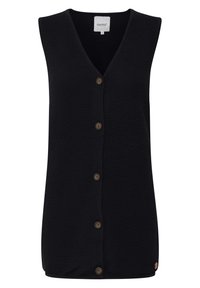 Černý bezrukávový cardigan s výstřihem do V, texturovaná tkanina, pět hnědých knoflíků vpředu a malé logo v dolním levém rohu.