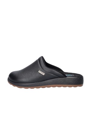 Black slip-on shoe with a textured synthetic upper and a thick brown rubber sole, featuring a simple design and discreet logo accent.