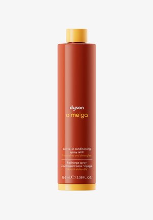 Ricarica spray condizionante senza risciacquo Dyson Omega, nutre e districa i capelli, 165 mL, flacone rosso con tappo giallo.