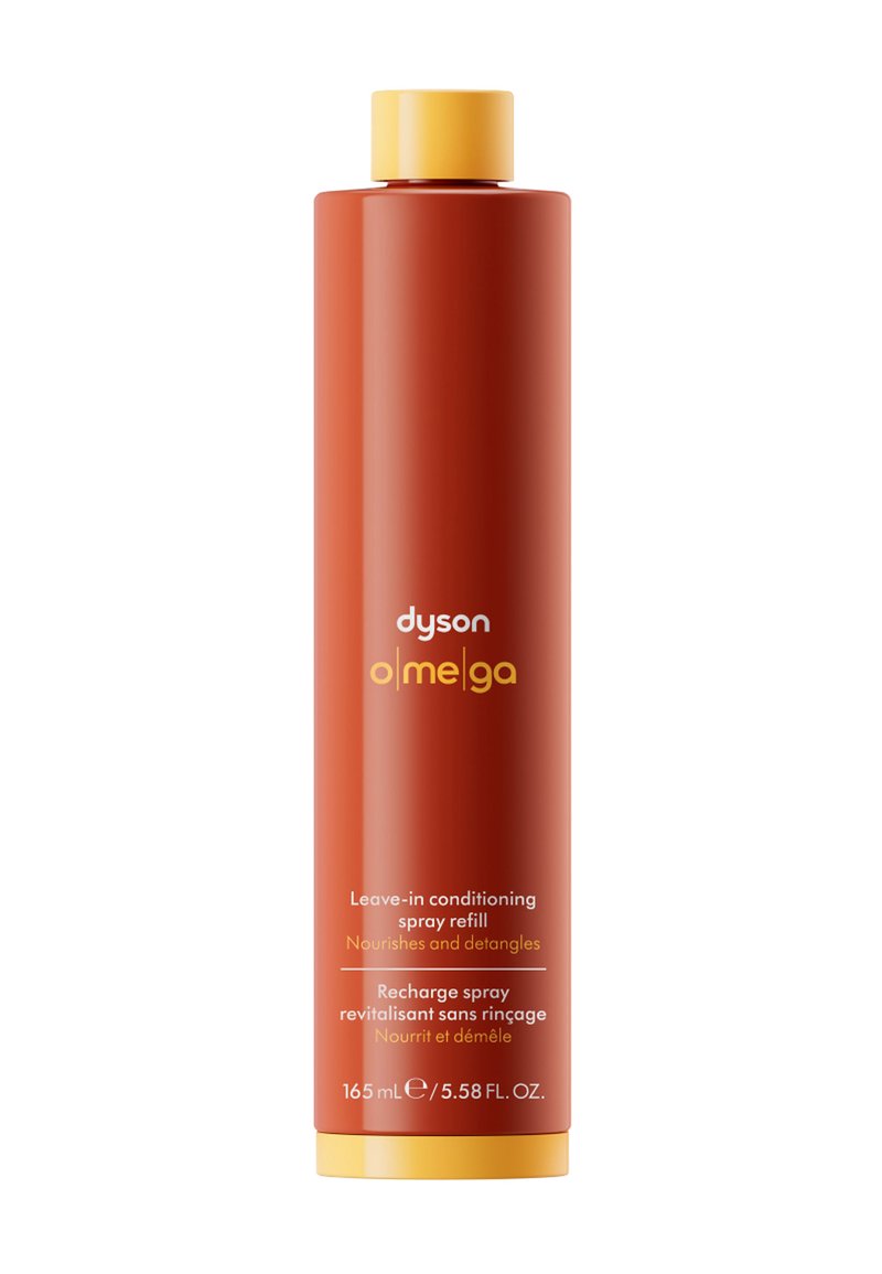 Dyson Omega Leave-in-Conditioner-Spray Nachfüllpackung, nährt und entwirrt das Haar, 165 ml, rote Flasche mit gelbem Deckel.