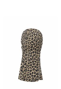 Leopardenmuster Kopftuch in Beige und Schwarz, aus weichem Stoff gefertigt. Hat ein tailliertes Design mit einer abgerundeten Oberseite und einer glatten Textur.