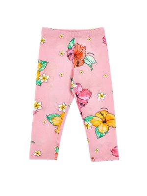 Pink børneleggings med store farverige hibiscus og små hvide blomster spredt ud over stoffet.