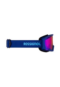 Ski goggles met een blauwe band met "ROSSIGNOL" in lichtblauwe tekst. Het kader is donkerblauw met een reflecterende, rozenkleurige lens.