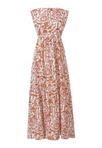 Weißes Maxikleid mit orangefarbenen abstrakten Mustern, ärmelloses Design, geraffter Taillenbund und schichtigem Saum. Hergestellt aus leichtem Stoff.