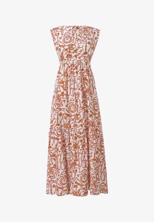 Witte maxi-jurk met oranje abstracte patronen, mouwloos ontwerp, gathered taille en een gelaagde zoom. Gemaakt van lichtgewicht stof.