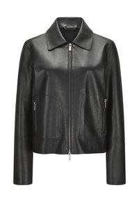 Schwarze Lederjacke mit glatter Textur, mit einem kragenförmigen Hals, Vorderreißverschluss und zwei Seitentaschen. Taillierter Schnitt mit geraden Ärmeln.