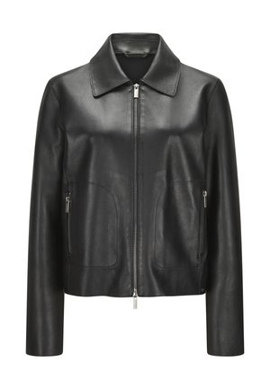 Schwarze Lederjacke mit glatter Textur, mit einem kragenförmigen Hals, Vorderreißverschluss und zwei Seitentaschen. Taillierter Schnitt mit geraden Ärmeln.