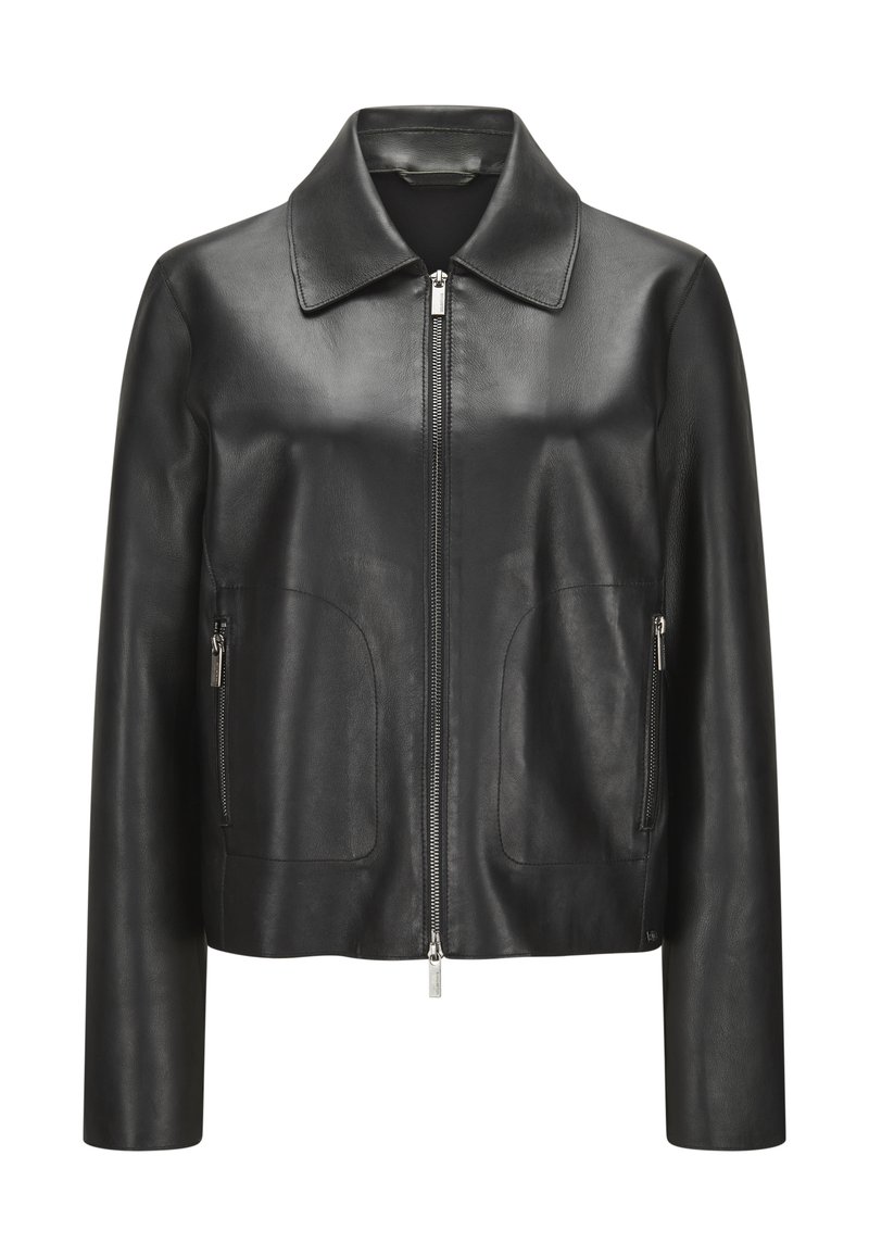 Schwarze Lederjacke mit glatter Textur, mit einem kragenförmigen Hals, Vorderreißverschluss und zwei Seitentaschen. Taillierter Schnitt mit geraden Ärmeln.
