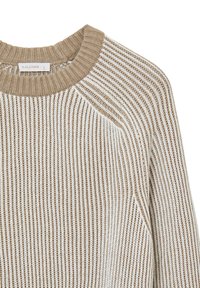 Pull en tricot rayé beige et blanc avec un col rond côtelé et des manches raglan, présentant un motif texturé sur l'ensemble.