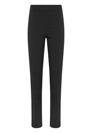 Mustat, tiukat legginsit, jotka on valmistettu joustavasta kankaasta. Ominaisuuksiin kuuluu sileä pinta, elastinen vyötärö ja ei näkyviä taskuja tai koristeita.