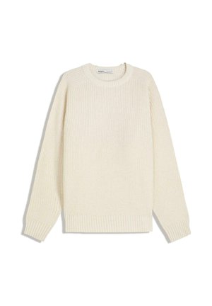 Cream-colored knit sweater with a round neck, ribbed cuffs, and hem. Textured pattern with long sleeves and a relaxed fit.