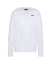 Langarm-Hemd aus Baumwolle in Weiß, mit Rundhalsausschnitt und kleinem blauen Logo auf der linken Brust, glatte Textur.