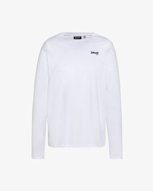 Camicia bianca a maniche lunghe in cotone, dotata di un collo rotondo e un piccolo logo blu sul petto sinistro, dalla texture liscia.