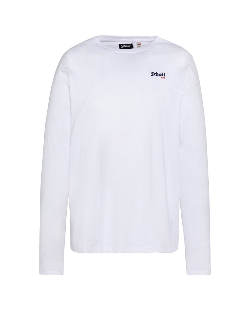 Chemise blanche à manches longues en coton, avec un col rond et un petit logo bleu sur la poitrine gauche, texture lisse.