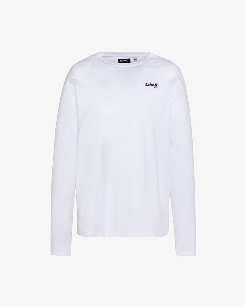 Langarm-Hemd aus Baumwolle in Weiß, mit Rundhalsausschnitt und kleinem blauen Logo auf der linken Brust, glatte Textur.