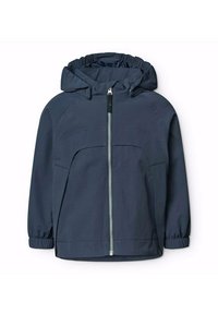 Giacca blu navy con zip frontale, cappuccio elasticizzato e polsini. Presenta una tasca discreta e un materiale liscio e resistente all'acqua.
