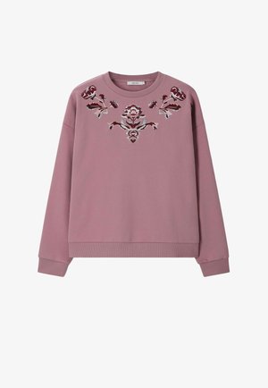 Mauve crewneck sweatshirt met geribbelde manchetten en zoom, voorzien van symmetrische donkerrode en witte bloemenborduursels over de borst.