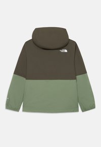 Hoodie aus braunem Oberteil und grünem Unterteil. Mit elastischen Bündchen, glatter Textur und einem weißen Logo auf der Rückseite.