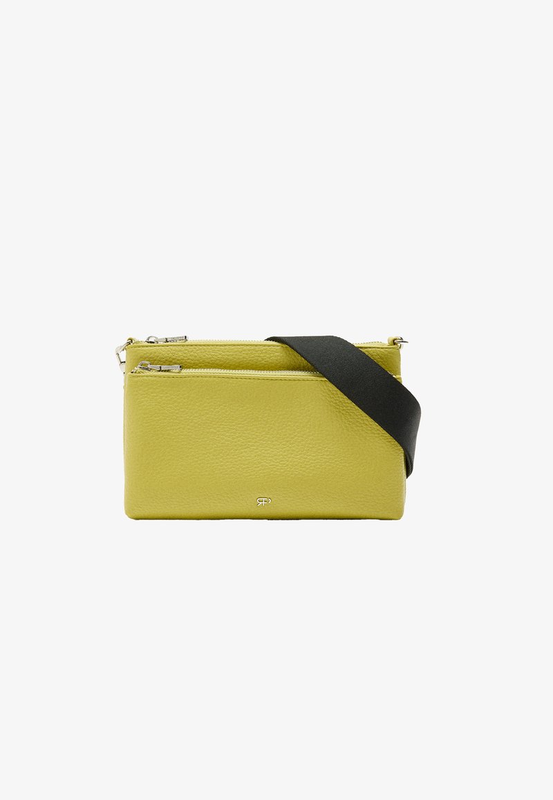 Żółta skórzana torebka crossbody o teksturowanym wykończeniu, z dwiema zamykanymi na zamek przegrodami i czarnym regulowanym paskiem. Kompaktowy prostokątny kształt.