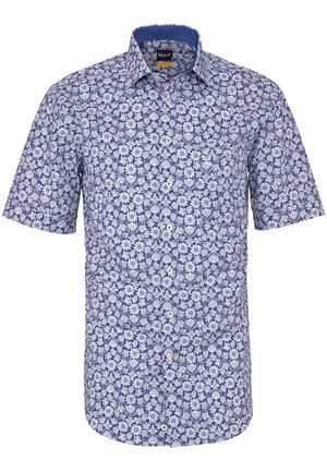 Camicia a maniche corte con bottoni, sfondo blu e motivo floreale bianco dettagliato, collo a punta e etichetta del marchio visibile all'interno del collo.