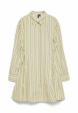 Crèmekleurig shirtjurk met lange mouwen, zwarte verticale strepen, knopenlijst aan de voorkant, brede manchetten en een puntige kraag.