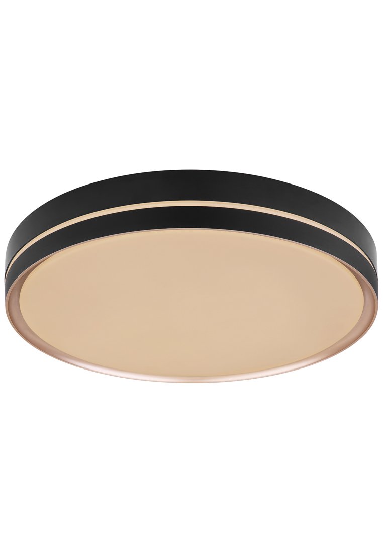 Runde Deckenlampe mit einem schwarzen Metallrahmen, leicht beigem Diffusor und zwei dünnen goldenen Akzenten am Rand. Glattes, minimalistisches Design.