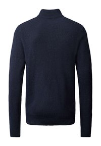 Jersey de punto de manga larga en azul marino oscuro con cuello alto acanalado, puños acanalados y bajo acanalado, mostrado desde atrás.