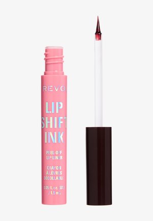Crayon contour des lèvres peel-off Lip Shift Ink dans un tube rose avec un applicateur noir montrant la pointe du produit rouge foncé.