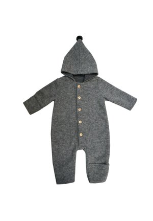 Gray one-piece baby romper with hood, wooden buttons down the front, long sleeves, and a footed leg on one side.