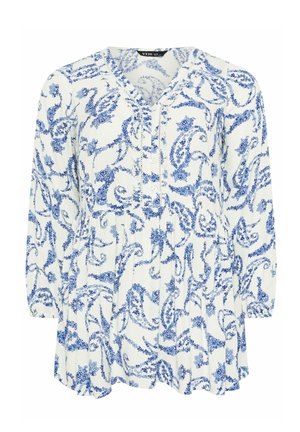 Weiße Bluse mit langen Ärmeln, V-Ausschnitt, Knopfleiste und durchgehendem blauem Blumen-Paisley-Muster.