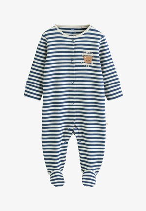 Combinaison rayée en tissu doux, avec des rayures bleues et blanches, des manches longues, des fermetures à pression et un motif d'ours sur la poitrine.