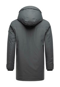 Grå vadderad jacka med huva, med en mjuk textur, långa ärmar och svarta ärmavslut. Bakvy visar en enkel design.