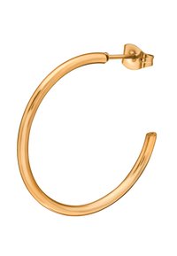 Gouden metalen hoepel oorbel met een gladde, glanzende afwerking, featuring een open cirkelvorm en een veilige sluiting voor bevestiging.