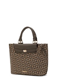 Borsa a mano marrone con motivo decorativo, manici grigio scuro e patta, con chiusura a scatto dorata e marchio frontale. Tessitura liscia.